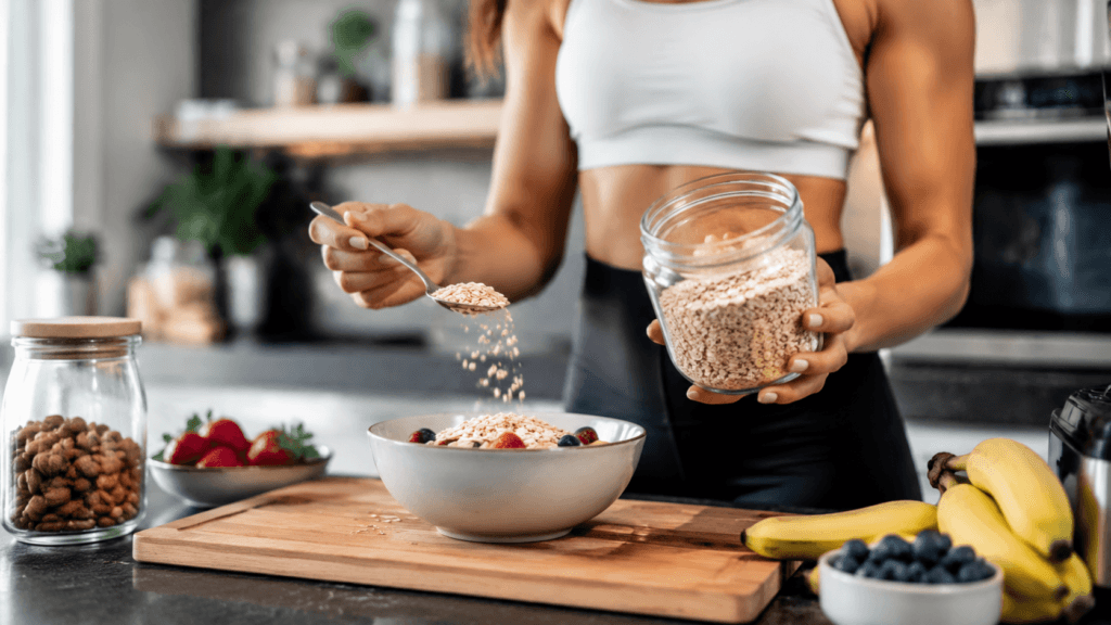 Pessoa preparando aveia e alimentos para ganho de massa muscular