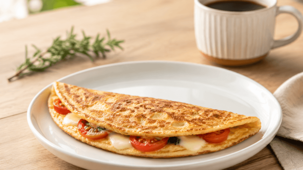 Crepioca fit dourada e prática servida no prato para um café da manhã saudável.