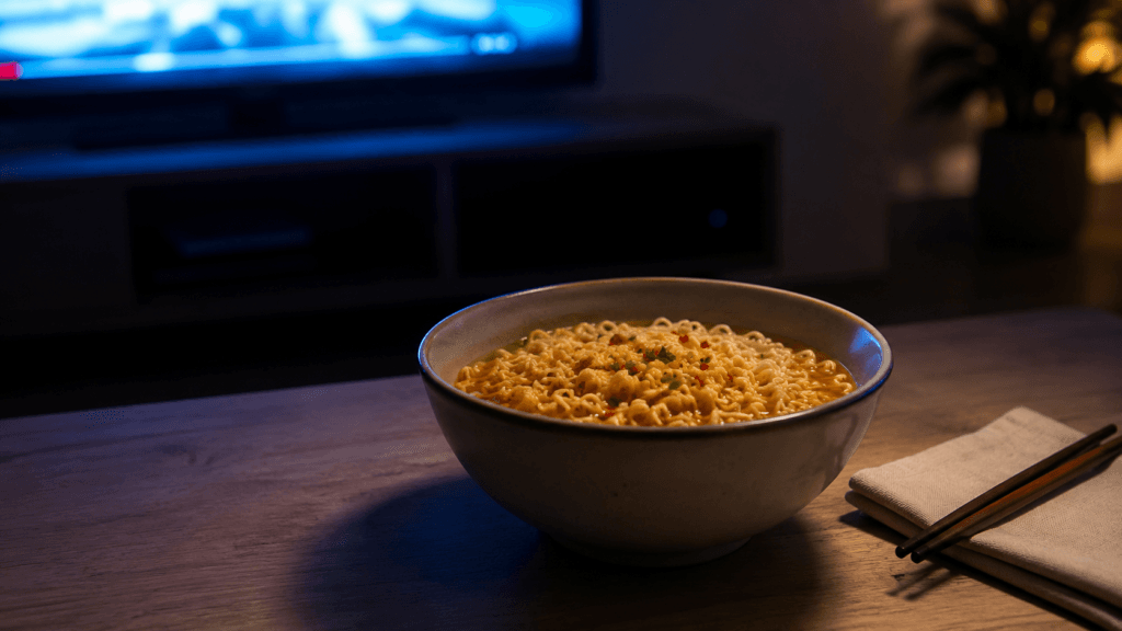Tigela com macarrão instantãneo que deve ser evitado de comer a noite.