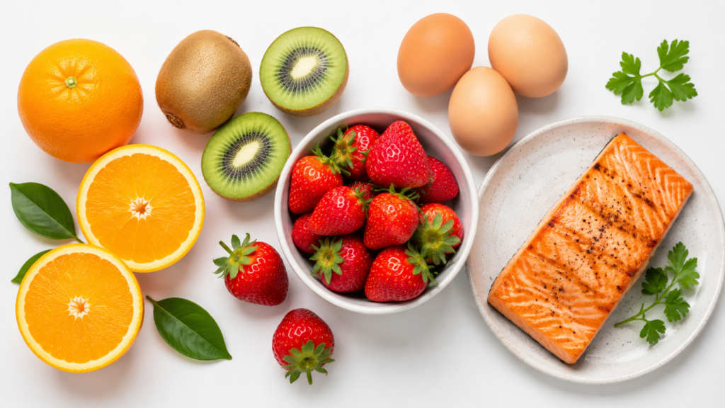 Alimentos fontes de vitamina C e proteínas essenciais para a produção de colágeno.