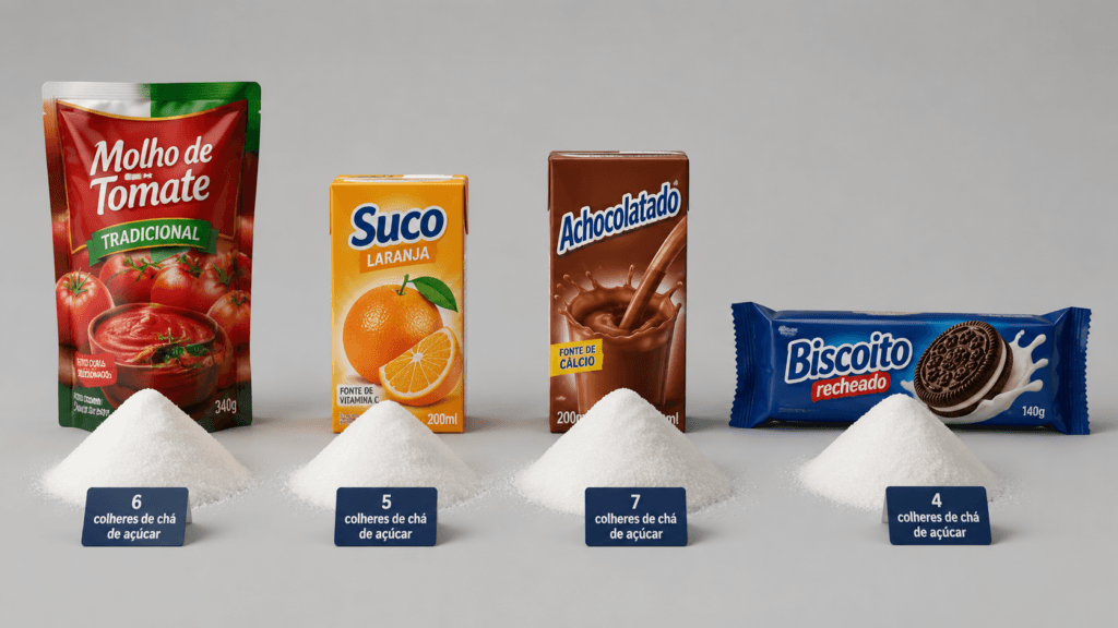 Demonstração visual da quantidade de açúcar oculto dentro de produtos industrializados.