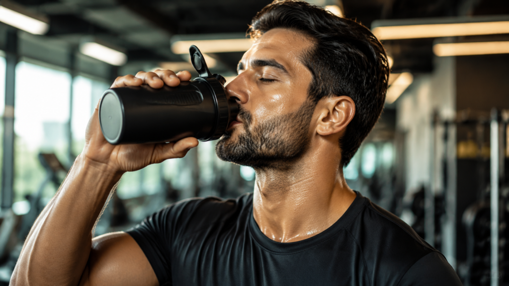 Praticante de musculação tomando suplementação pós-academia para recuperação.