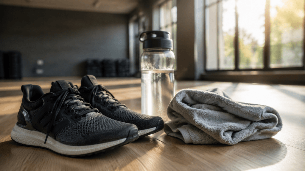 Tênis de treino e garrafa de água em descanso, representando a pausa necessária contra o overtraining.