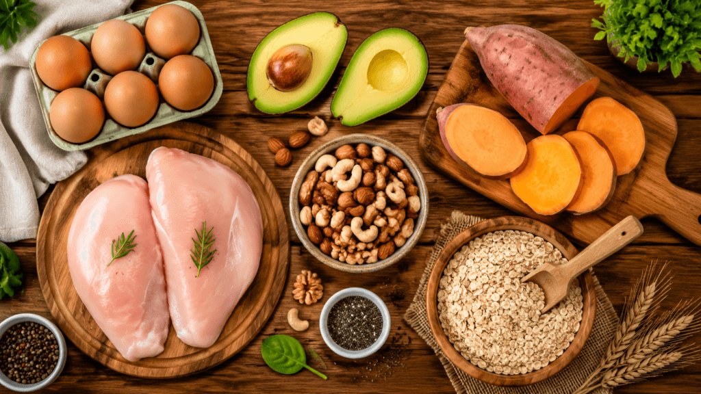 Variedade de fontes alimentares de proteínas, carboidratos e gorduras para controle de macronutrientes.