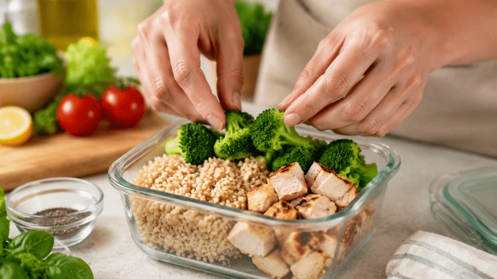 Pessoa montando de forma equilibrada uma marmita saudável com legumes e proteínas.