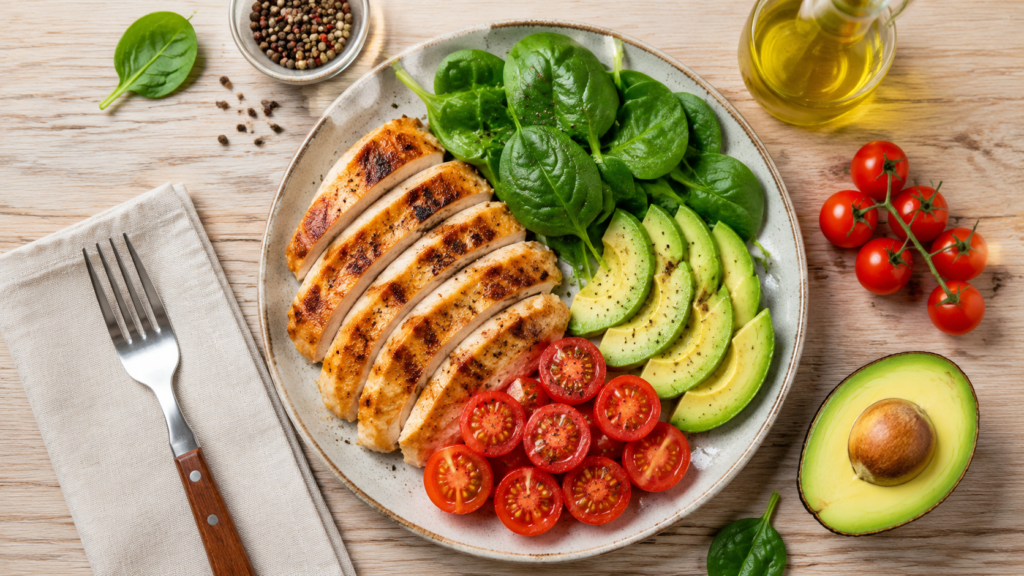 Alimentação limpa e saudável rica em gorduras boas e proteínas para secar a barriga.