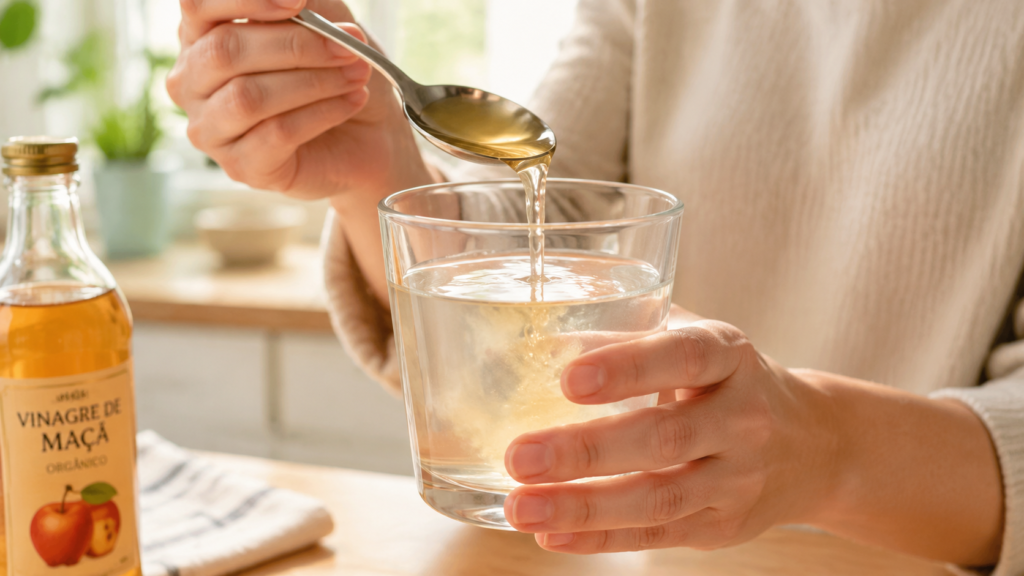 Preparação de shot de vinagre de maçã diluído em água para o metabolismo.