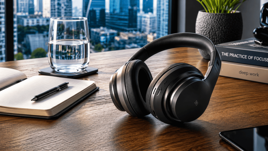 Fones de ouvido com cancelamento de ruído e materiais de trabalho em mesa organizada, simbolizando a criação de foco em ambientes urbanos.