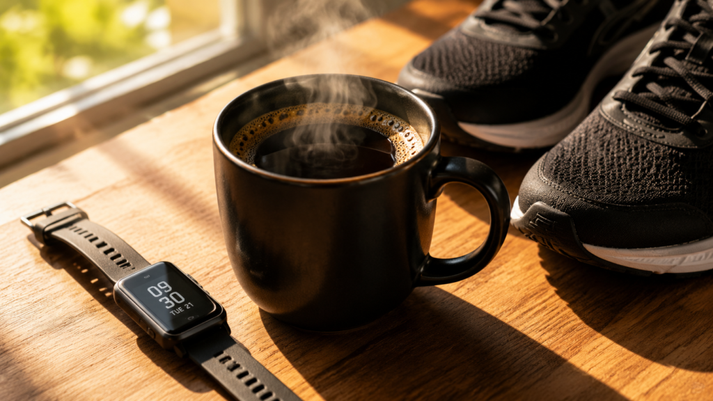 Caneca de café preto puro consumido antes do cardio em jejum.