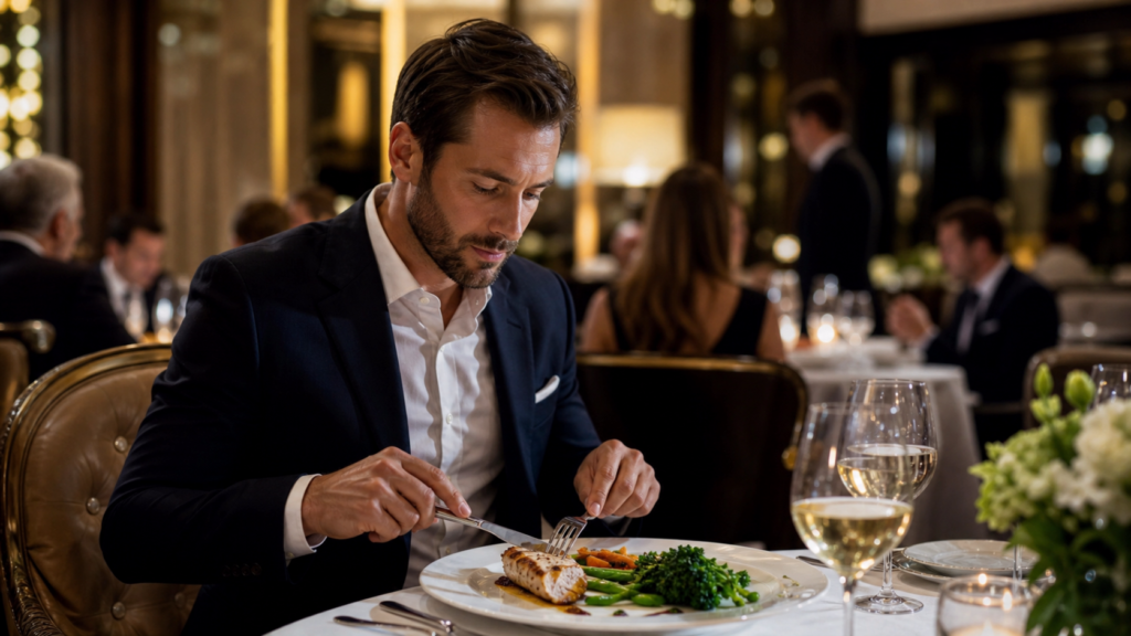 Indivíduo fazendo escolhas alimentares estratégicas em um jantar de gala ou evento social.