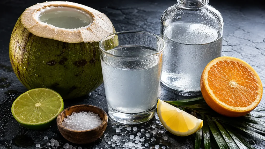 Água de coco, frutas cítricas e cristais de sal dispostos em superfície escura, representando o equilíbrio eletrolítico.