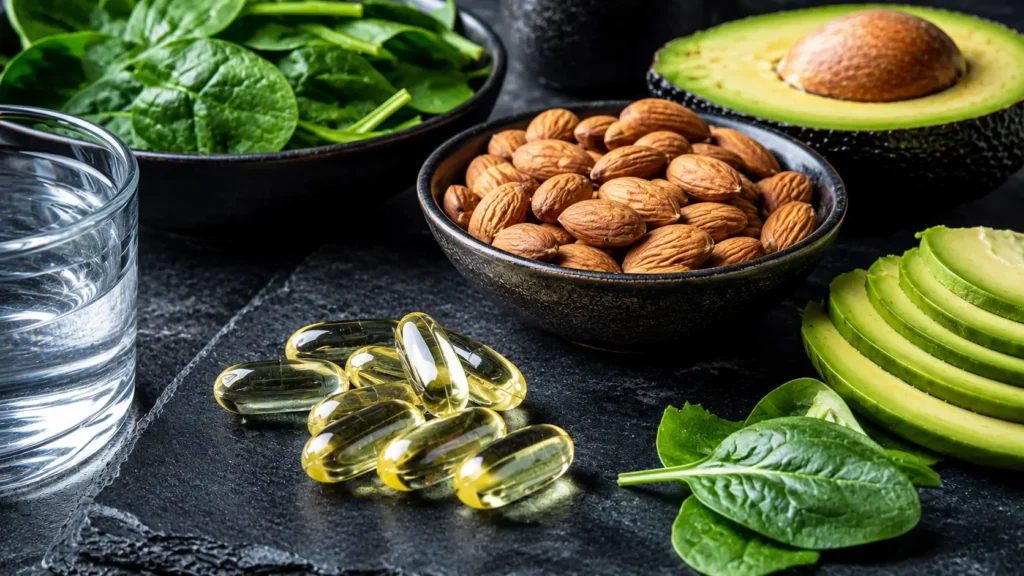 Alimentos integrais ricos em magnésio e cápsulas de suplementos dispostos em superfície escura, representando o suporte metabólico.