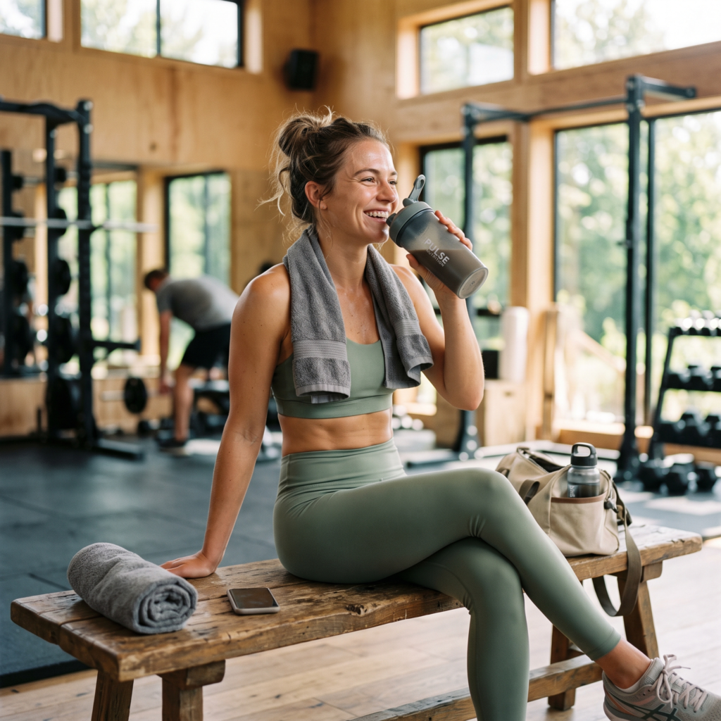 Mulher consumindo suplemento de proteína após o treino na academia.
