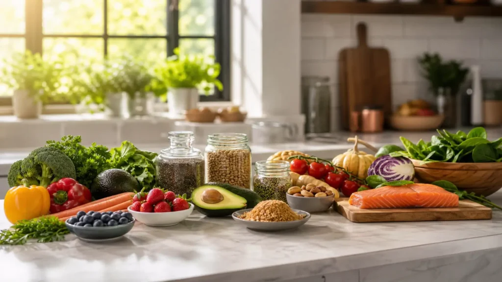 Alimentos frescos e ricos em fibras em bancada de cozinha iluminada, ilustrando a nutrição para a saúde intestinal.