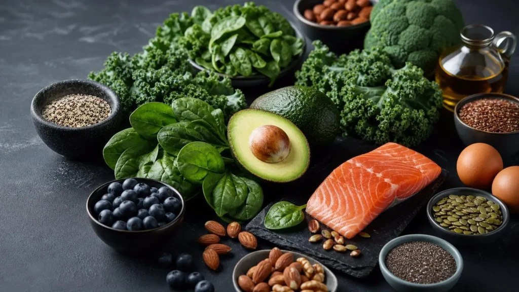Ingredientes naturais e integrais como abacate e vegetais dispostos em superfície escura, representando nutrição metabólica.