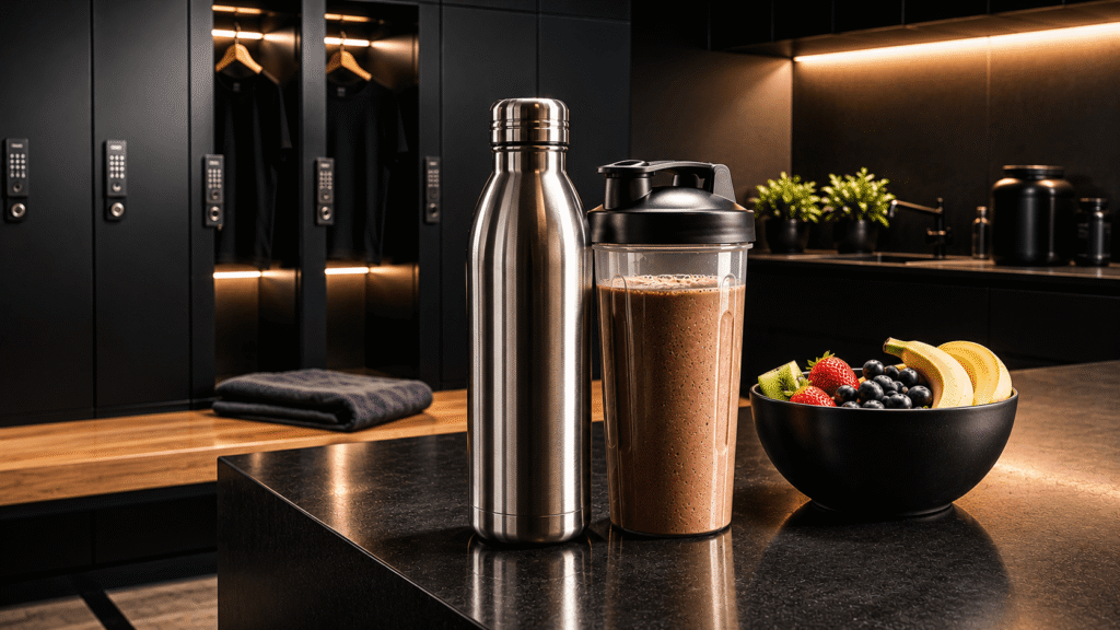 Refeição pós-treino com shake de proteína e frutas, ilustrando a janela de oportunidade anabólica no nutrient timing.