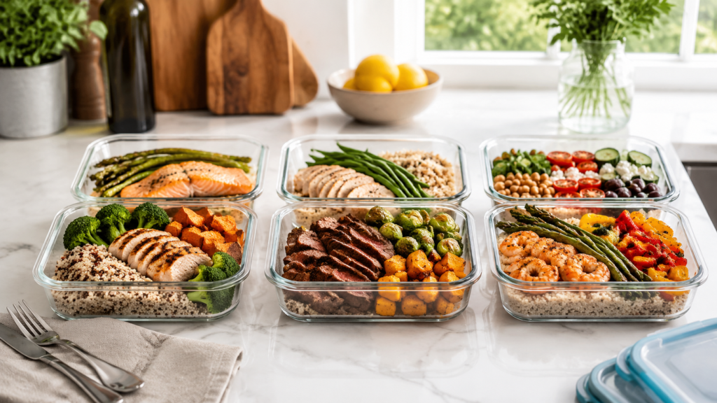 Alimentação limpa e organizada com marmitas para acelerar a recuperação muscular.