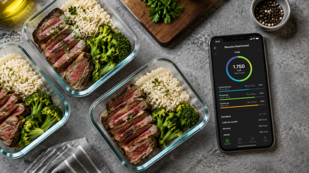 Preparação de marmitas saudáveis alinhada com o monitoramento de macros da dieta flexível.