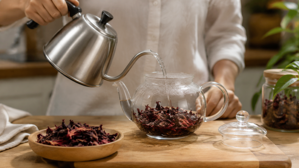 Preparo por infusão do chá de hibisco para manter propriedades antioxidantes.