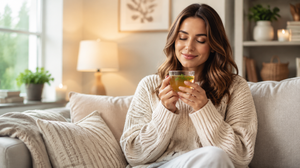 Mulher relaxada tomando chá para melhorar a saúde intestinal.