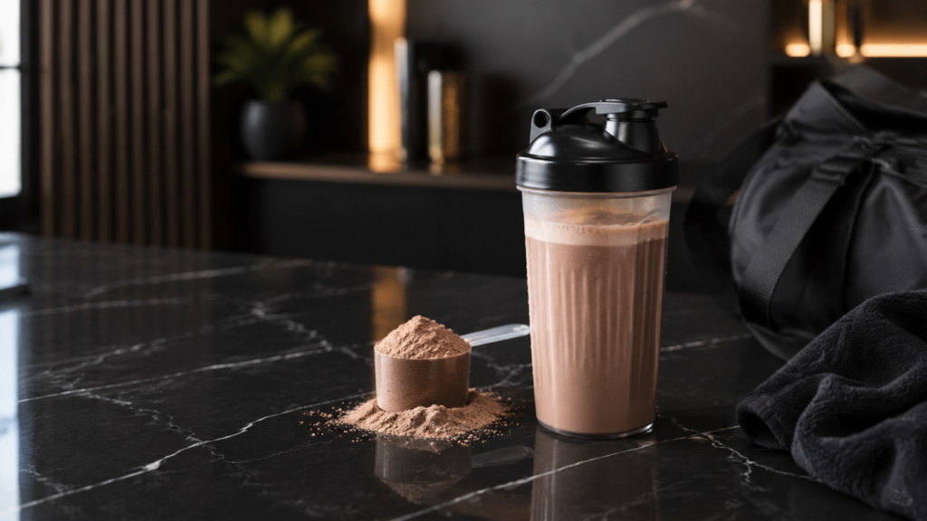 Coqueteleira com shake de whey protein servindo como lanche proteico prático para a rua.