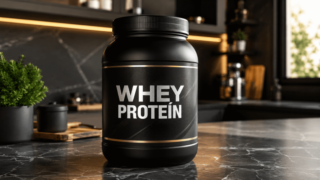 Copo shaker com Whey Protein misturado ao lado de um scoop de pó de proteína de chocolate.