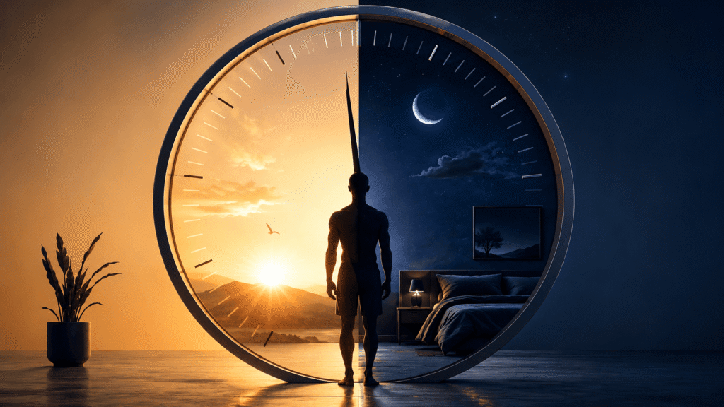 "Visualização conceitual do ciclo circadiano, mostrando a transição do nascer do sol para a noite de sono, simbolizando o alinhamento do relógio biológico para a performance física e reparo celular."