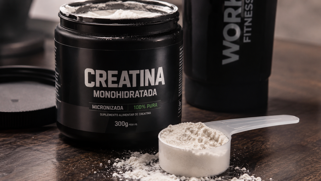 Pote de suplemento de creatina monohidratada pura em pó.