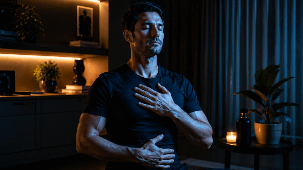 Pessoa praticando exercícios de respiração profunda em um ambiente calmo com luz azul fria, simbolizando a ativação do nervo vago.