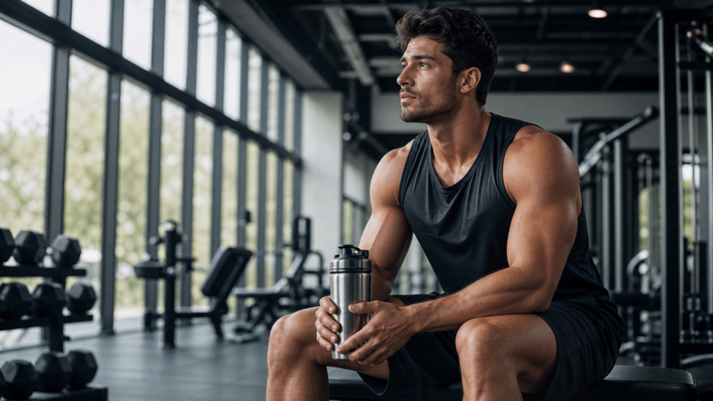 Atleta focado segurando coqueteleira em academia de alta performance, ilustrando o timing estratégico da cafeína antes do treino.