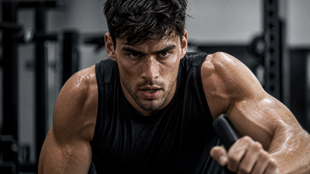 Atleta focado em treino de alta intensidade, demonstrando foco e disciplina para otimizar o tempo na academia.