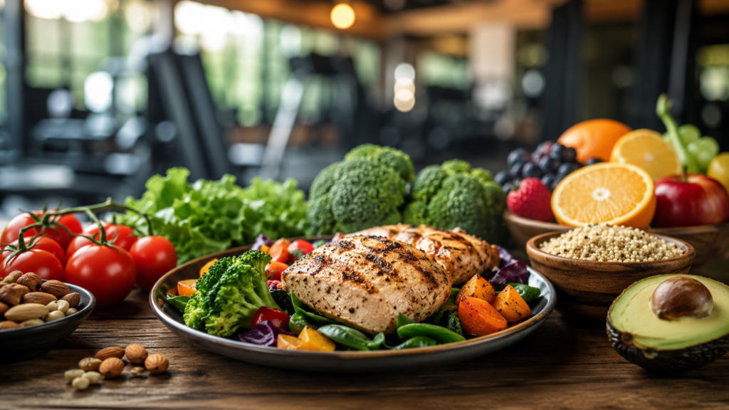 Mesa com variedades de alimentos saudáveis, proteínas e vegetais frescos.