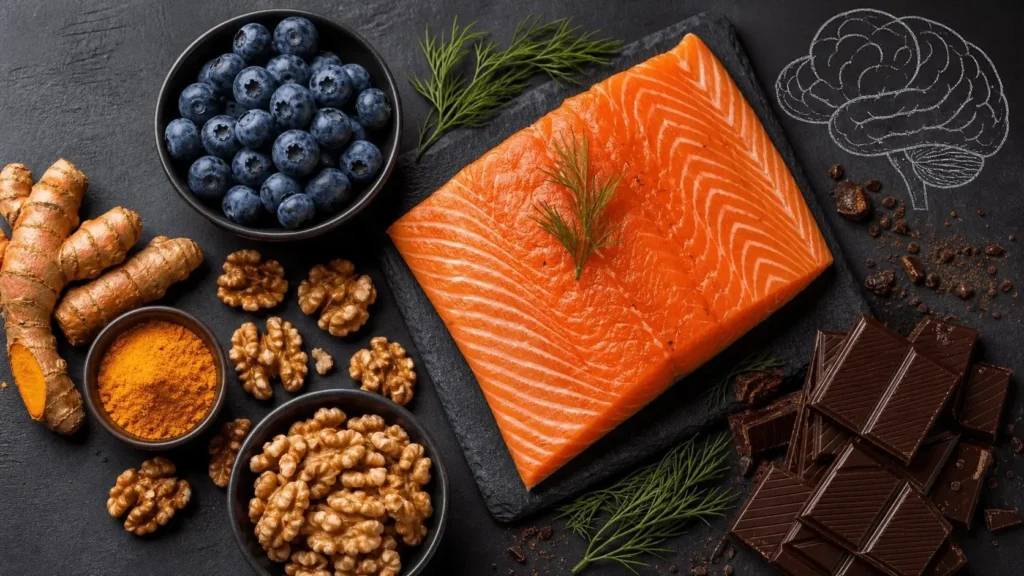 Salmão, cúrcuma, nozes e mirtilos dispostos sobre superfície escura, ilustrando alimentos com propriedades neuroprotetoras.