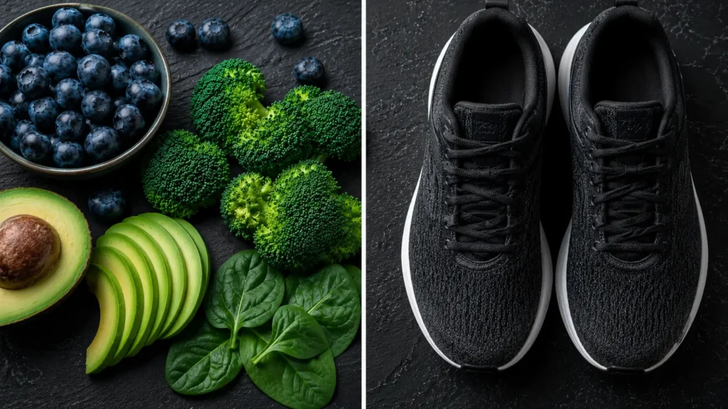 Mirtilos, abacate, brócolis e tênis de corrida dispostos sobre superfície escura, ilustrando nutrição e exercício para o metabolismo.