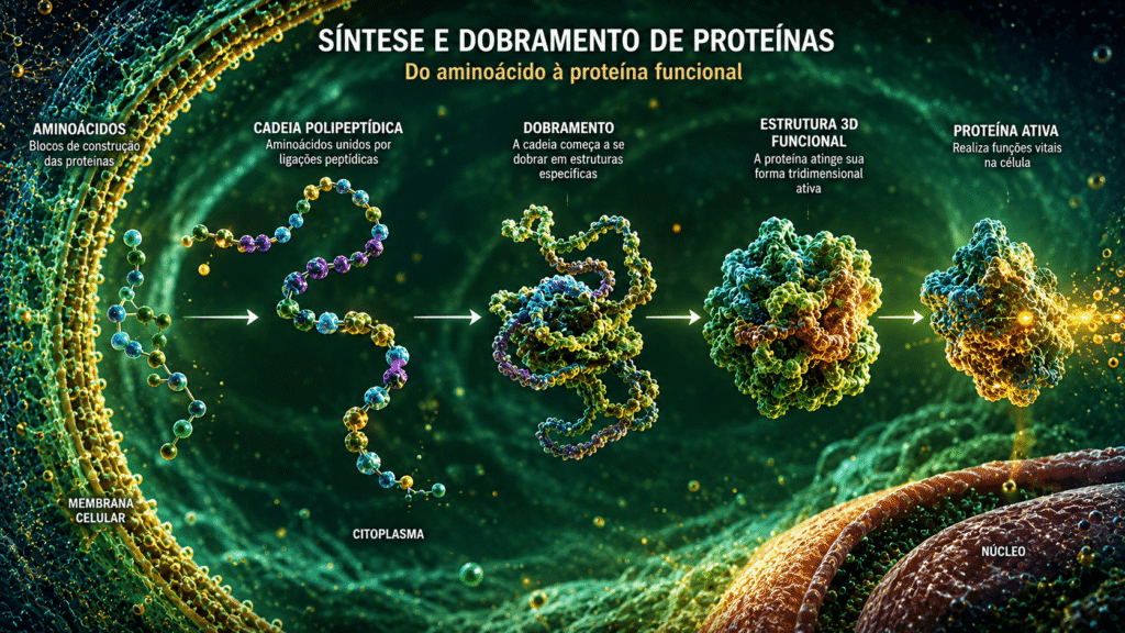 Visualização científica abstrata de cadeias de aminoácidos formando estruturas proteicas complexas.