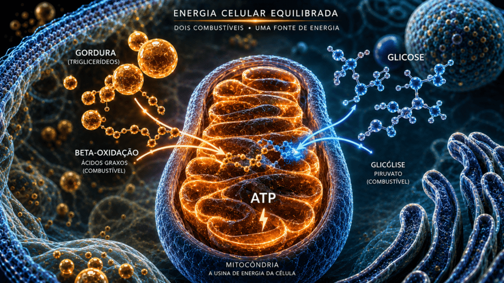 Visualização científica abstrata de mitocôndrias processando gordura e carboidratos como fontes de energia equilibradas.