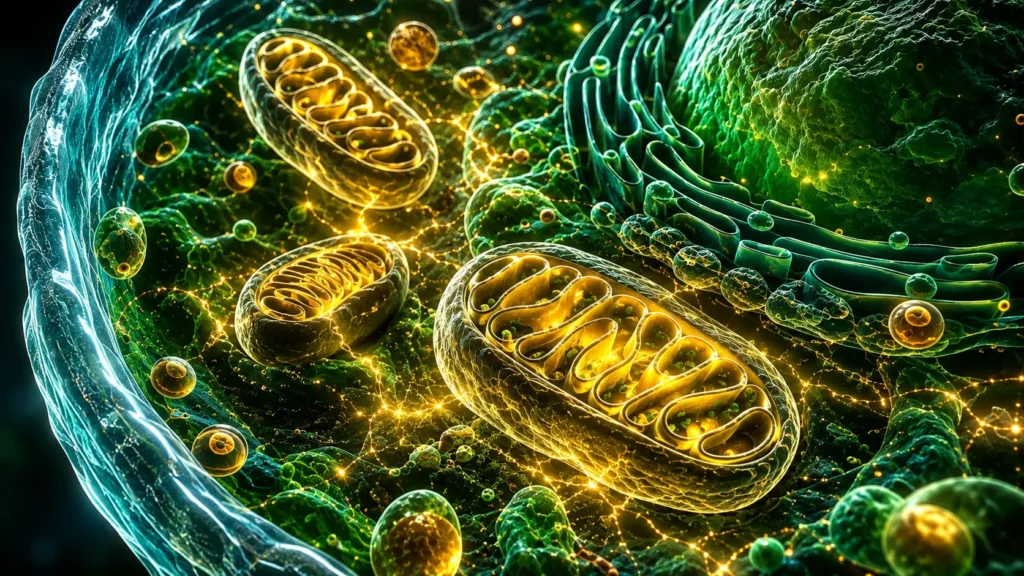 Visualização científica abstrata de mitocôndrias ativas produzindo energia no interior das células humanas.