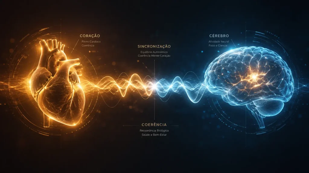 Visualização científica abstrata mostrando ondas rítmicas conectando o coração e o cérebro em harmonia.