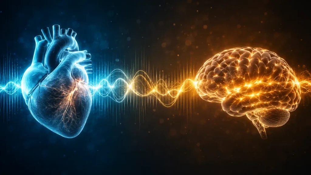 Visualização científica abstrata mostrando ondas rítmicas conectando o coração e o cérebro em harmonia.